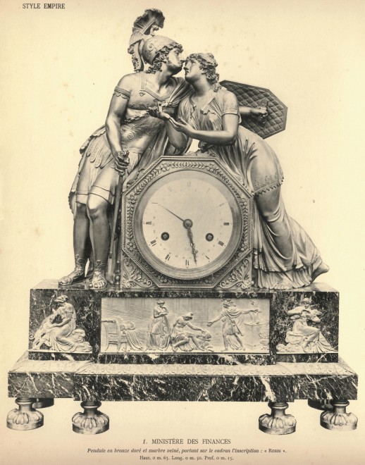 An Empire mantel clock, representing Hector and Andromache’s final parting, housed in a case attributed to Claude Galle