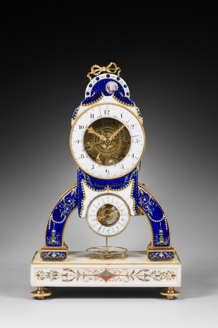 A late 18 th Century striking skeleton clock with Revolutionary time and remontoire by Julien Beliard, the enamels by Joseph Coteau