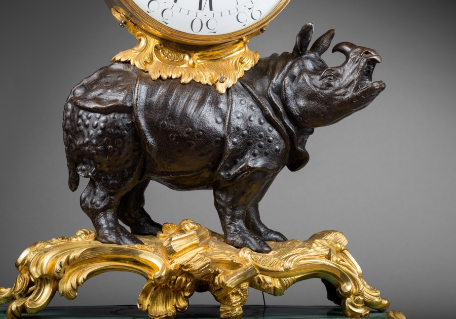 A Louis XV 'Pendule au Rhinoceros'  by Noel Baltazar, the musical movement by Viger, case by Jean-Joseph de Saint-Germain