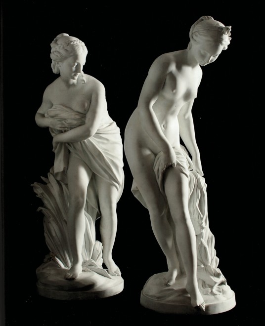 A pair of Louis XVI figures depicting 'Baigneuse' and 'Baigneuse aux Roseau'