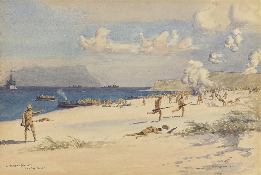 Norman Wilkinson, CBE, SMA, PRWS, RI, Troops landing on 'C' beach, Suvla Bay, 7th August 1915