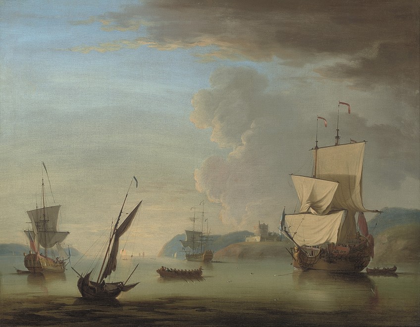Peter Monamy, Men-o' war and other craft becalmed in an anchorage, traditionally identified as the Carrick Roads, with St. Mawes Castle on a bluff beyond