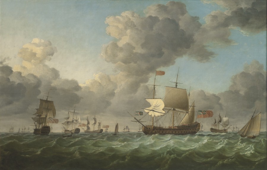 Francis Swaine, A Squadron of the Red heaving-to in a heavy swell and preparing to anchor ahead of the approaching squall, the flagship in the centre flying the command flag of a Vice-Admiral (of the Red)