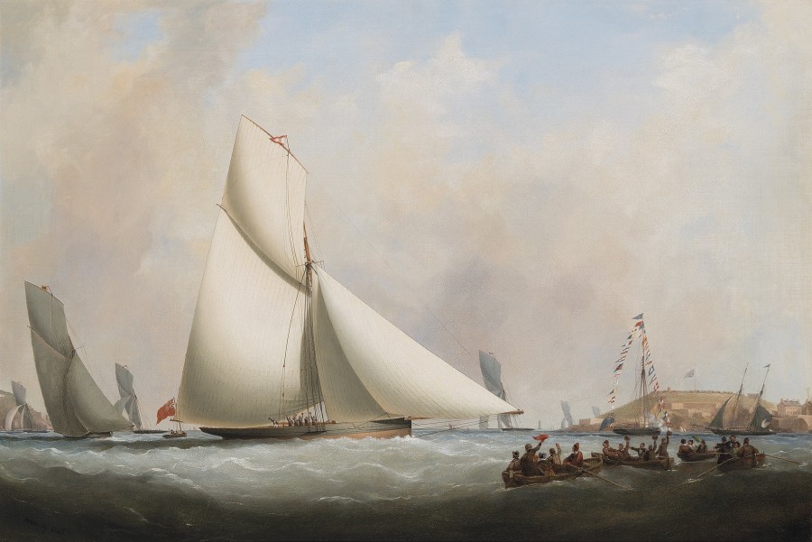 Nicholas Matthew Condy, Regatta Day, 19th July, at the Royal Western Yacht Club; big cutters racing off the Citadel at Plymouth, with the winner nearing the finish line marked by the 'flag boat'