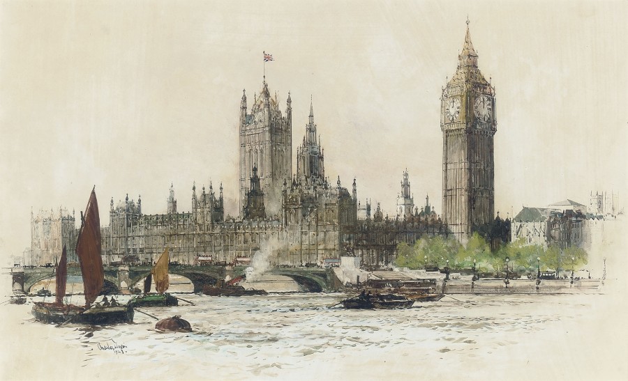 Charles Edward Dixon, RI, The Houses of Parliament from The Thames