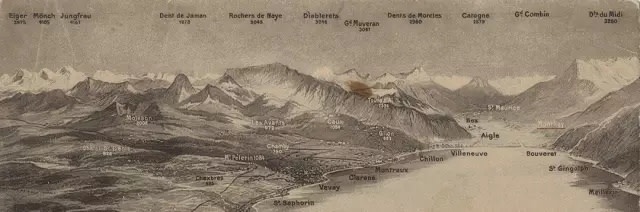 朱岚清 Zhu Lanqing, 日内瓦湖旁的阿尔卑斯山全景图 Postcard 1 Panorama du Lac Leman et des Alpes
