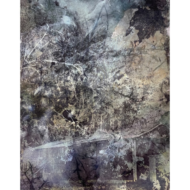 埃娃·尼尔森，《洪积层 二》，2023年，油彩、丝网印刷、透明硬纱在油画布上。图片由艺术家和Peter Kilchmann画廊惠允。鸣谢宝马艺术创作者项目。  Eva Nielsen, Diluvium II, 2023, Oil, silkscreen and organza on canvas. Courtesy of the artist and Peter Kilchmann Gallery. Credit BMW ART MAKERS.