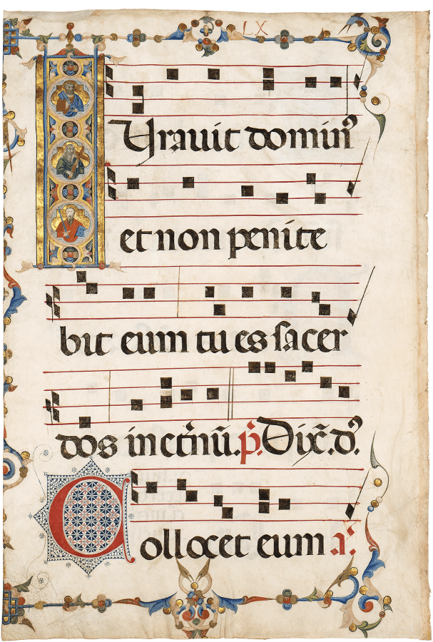Saints Peter, Andrew, and Paul, in an initial ‘I’ from a Choir Book