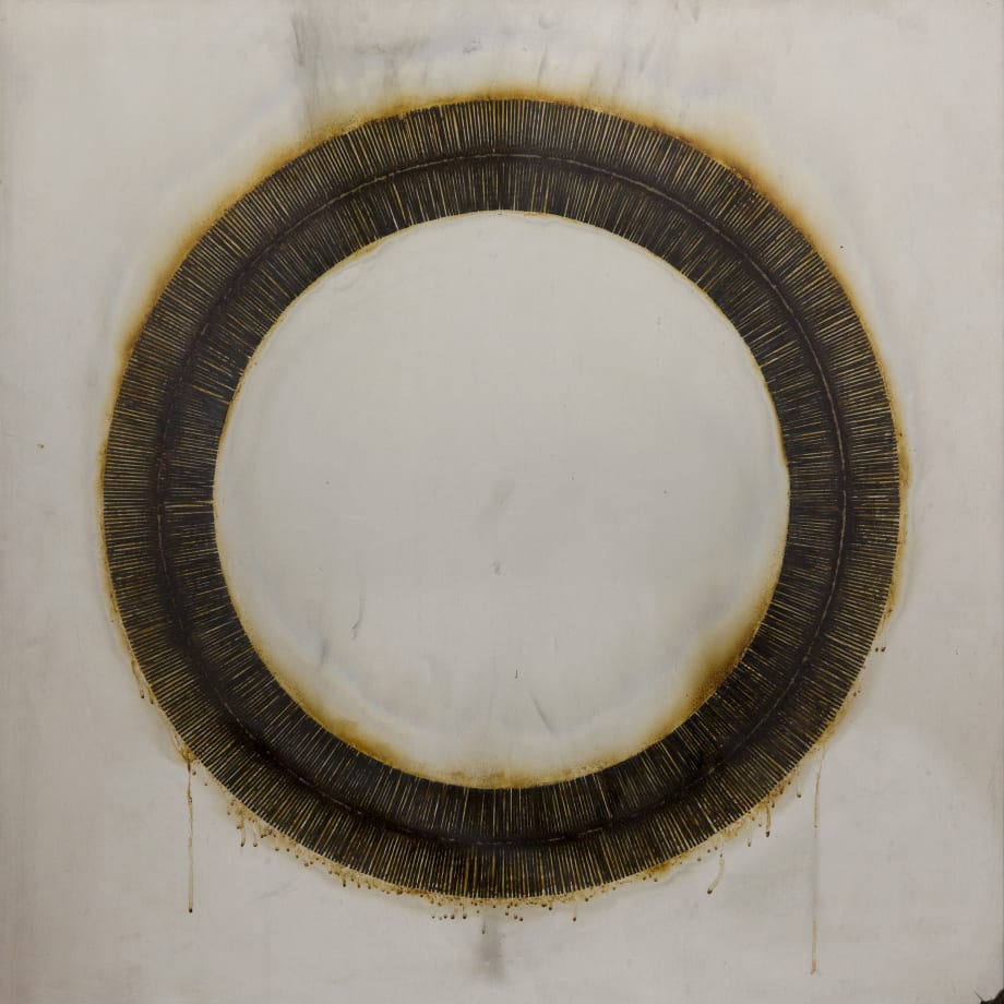 Bernard Aubertin, 1973, Dessin de Feu circulaire,90x90cm, burnT matches on aluminum