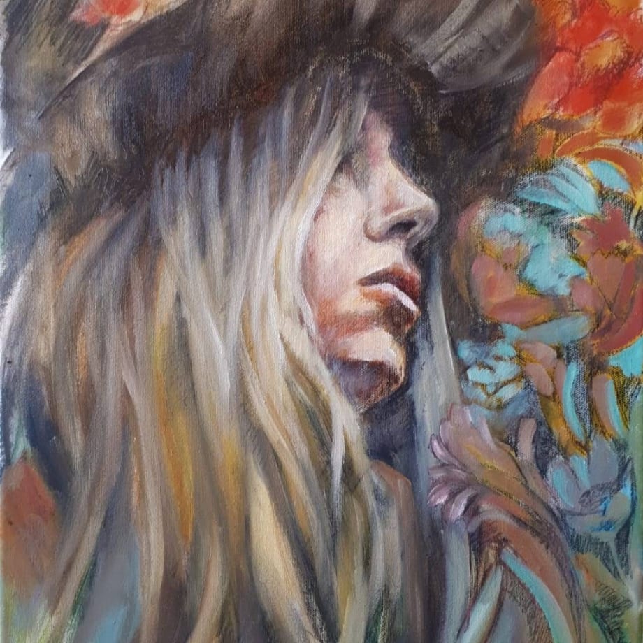 Jonel Scholtz  She wears her blues like she wears her hat  Oil and pencil on canvas  500mm s 400mm