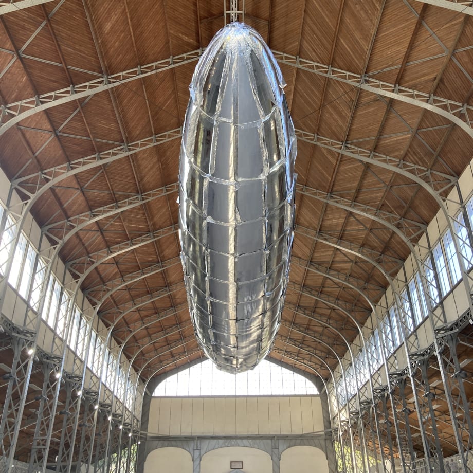 LEE BUL. INSTALLATION VIEW, HANGAR Y, MEUDON, FRANCE. WILLING TO BE VULNERABLE – METALIZED BALLOON V5, 2022.