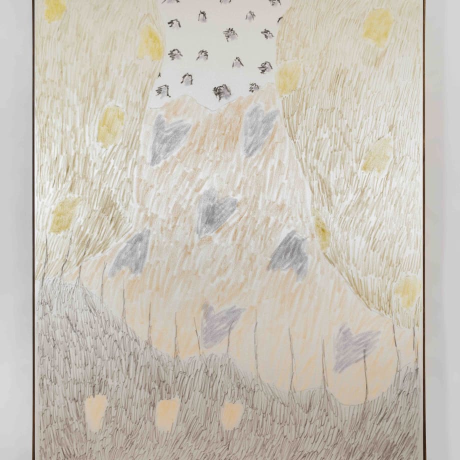 Larissa Lockshin Untitled (Thousand Letters), 2023 Oil and soft pastel on satin with wood frame 153.7 x 123.2 cm 60...