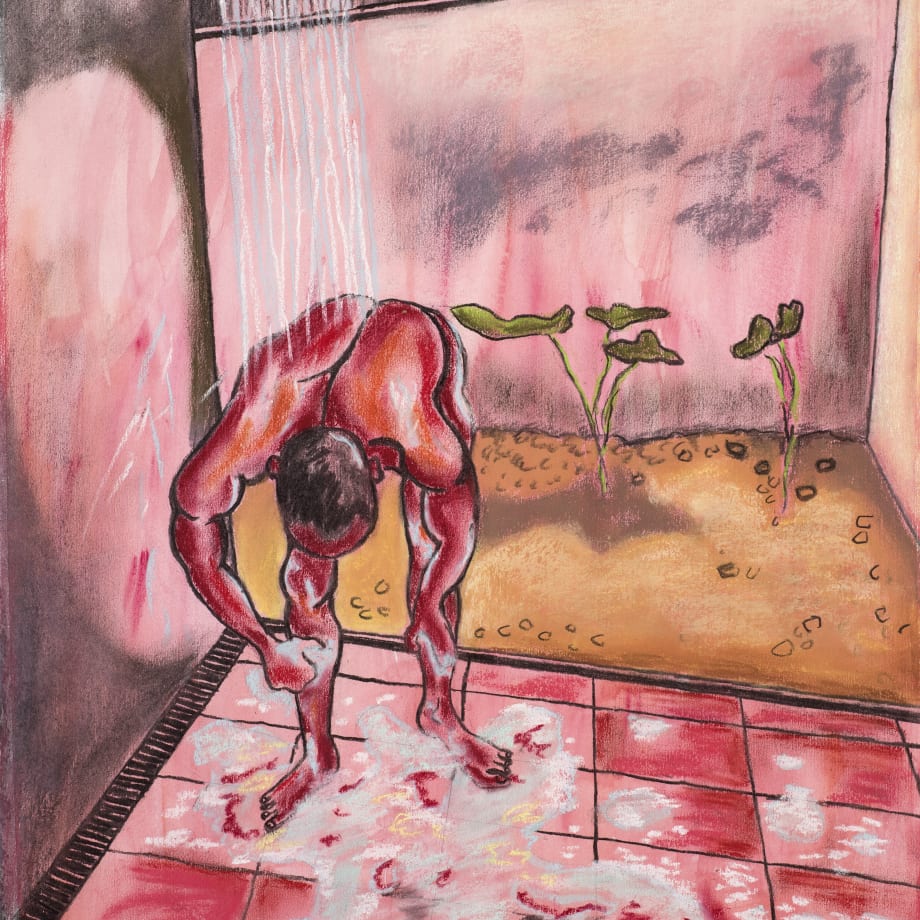 Christabel MacGreevy Man In Shower Somewhere Hot, 2019 Charcoal and chalk pastel on paper 600 x 420 mm Framed 745...