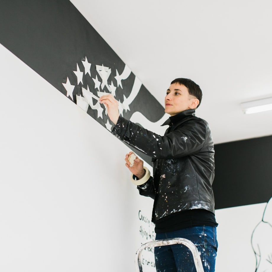 Victoria Lomasko, installing Separated World, Edel Assanti, London, UK, 2019. Photo by Eugenia Basyrova.