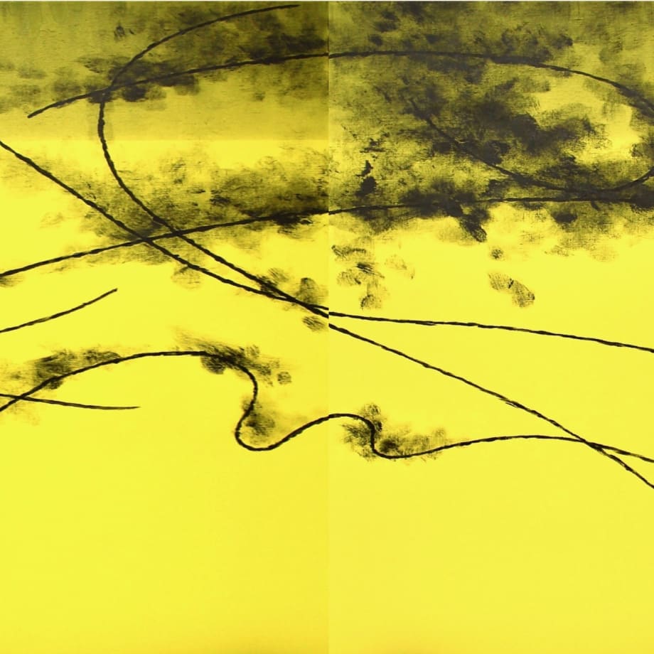 Koji Yamamoto, Old Pine “Pegasus 2”, 2024,112x324cm, inchiostro di china e acrilico su tela.