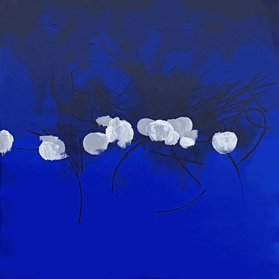 Koji Yamamoto, Another Nature (blue), 2023, 100x100cm, inchiostro di china e acrilico su tela.