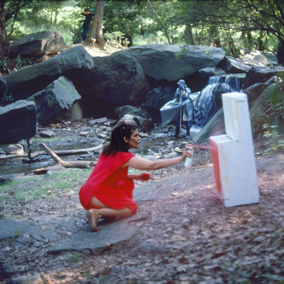 Lorraine O’Grady. Rivers, First Draft: The Woman in Red starts painting the stove her own color, 1982/2015. Digital chromogenic print from Kodachrome 35mm slides in 48 parts.