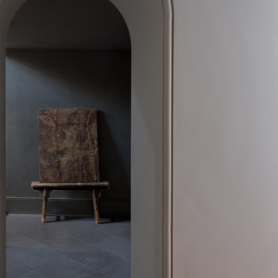 Olga Grotova, Rot, Pigments and photograms on linen, 100 x 80 cm, 2023, © The Artist, Courtesy of Schoeni Projects and THE SHOPHOUSE, Photo by Leon Kong.