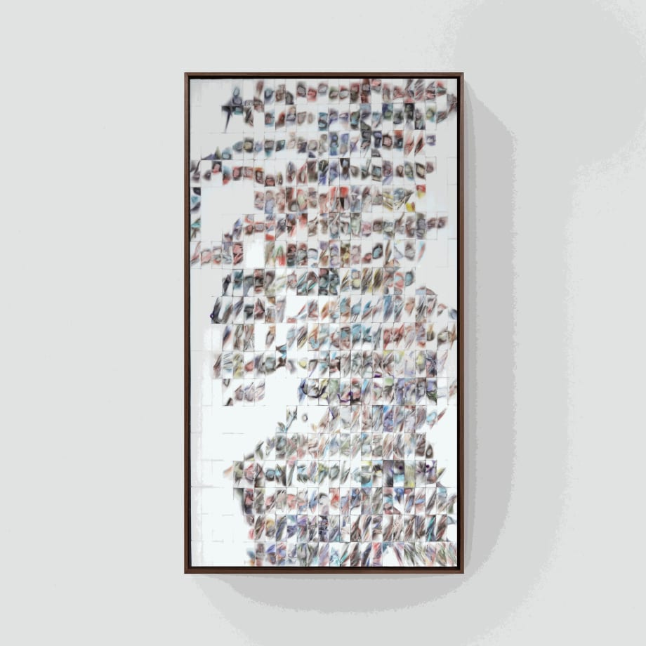 Sophie Hing Yee Cheung, Erasing News: While the Stump Traces a Woman's Body, UK newsprint ink on erasers, Artwork 77 x 41.3 cm, 2024, © The Artist, Courtesy of Schoeni Projects.