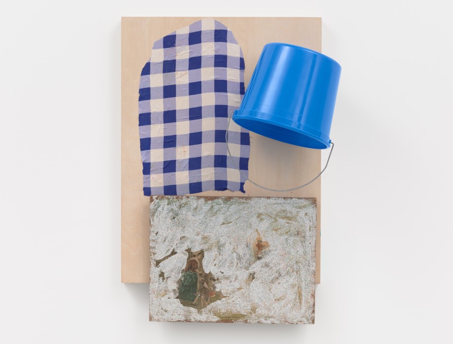 Hannah Beerman, found print on board, glitter, and bucket on panel