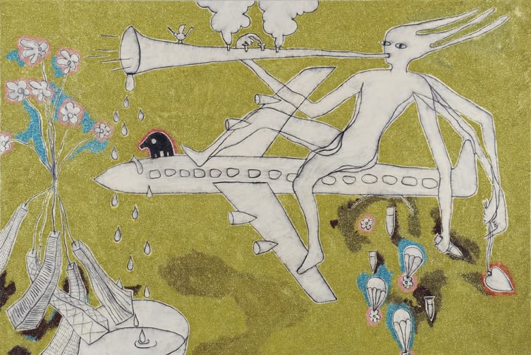 Playing Music on a Plane Above a World Full of Absurdity, 2012 Mixed Media on Canvas 200 x 300 cm