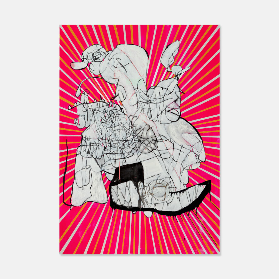 Josh Robbins, Vase, Flowers, Plastic Owl, Black Velvet, Table Legs, Dad and Imagined Gold Watch (Pink Spacey Background) Blind Drawing With Luxe Holding My Arm, 2023