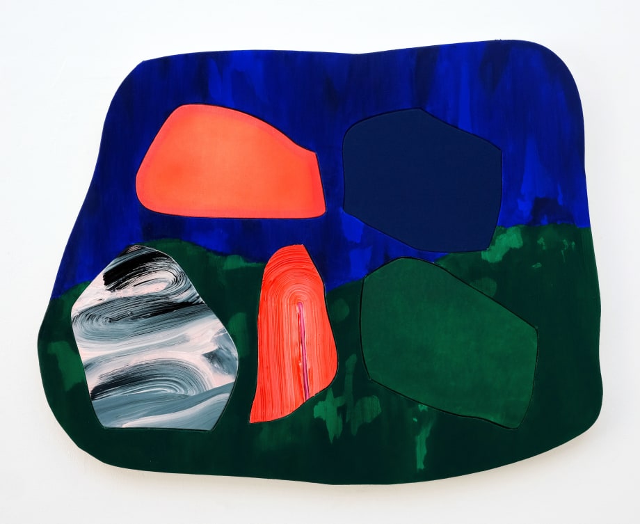 Leslie Smith III Ancestral Meeting, 2025 Oil on shaped canvas and sewn upholstery fabric 36 x 45 1/2 in 91.4 x 115.6 cm