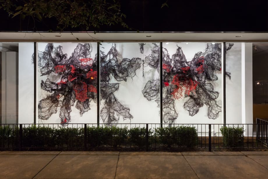 Nnenna Okore When all is said and done, 2016 Burlap, dye, wire, and yarn 120 x 300 x 36 in. 304.8 x 762.0 x 91.44 cm