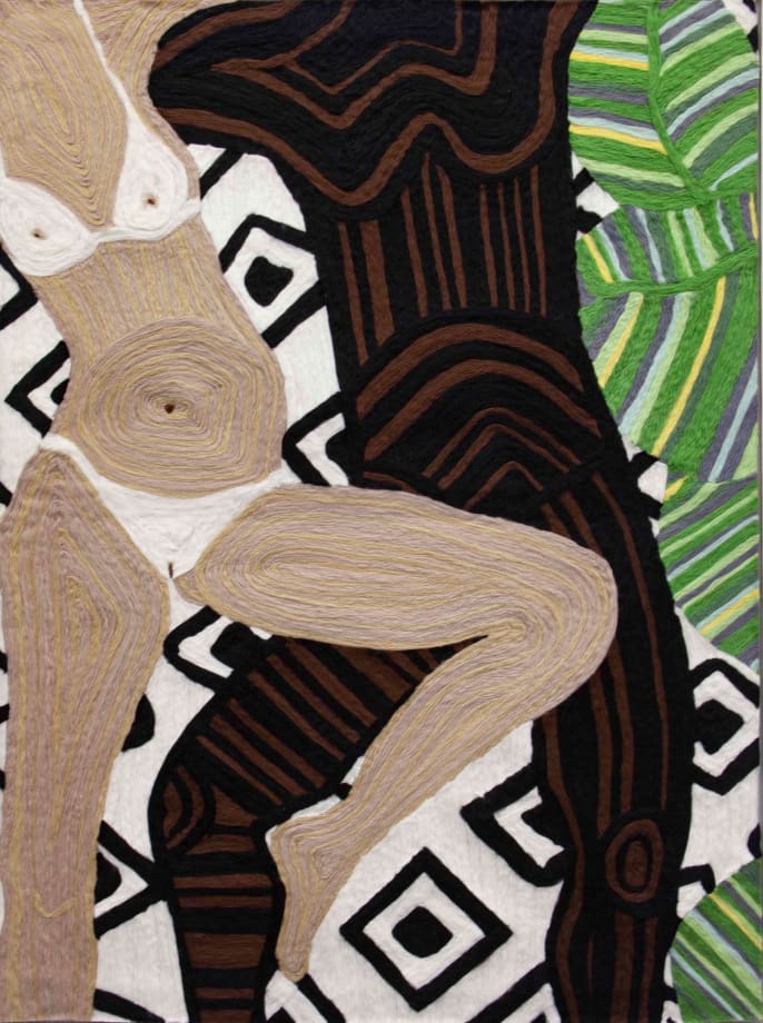 Cheryl Pope Woman and Man Reclining on Striped Mat XII, 2019 Needle-punched wool roving on cashmere 65 x 48 3/4 in. 165.1 x 123.8 cm