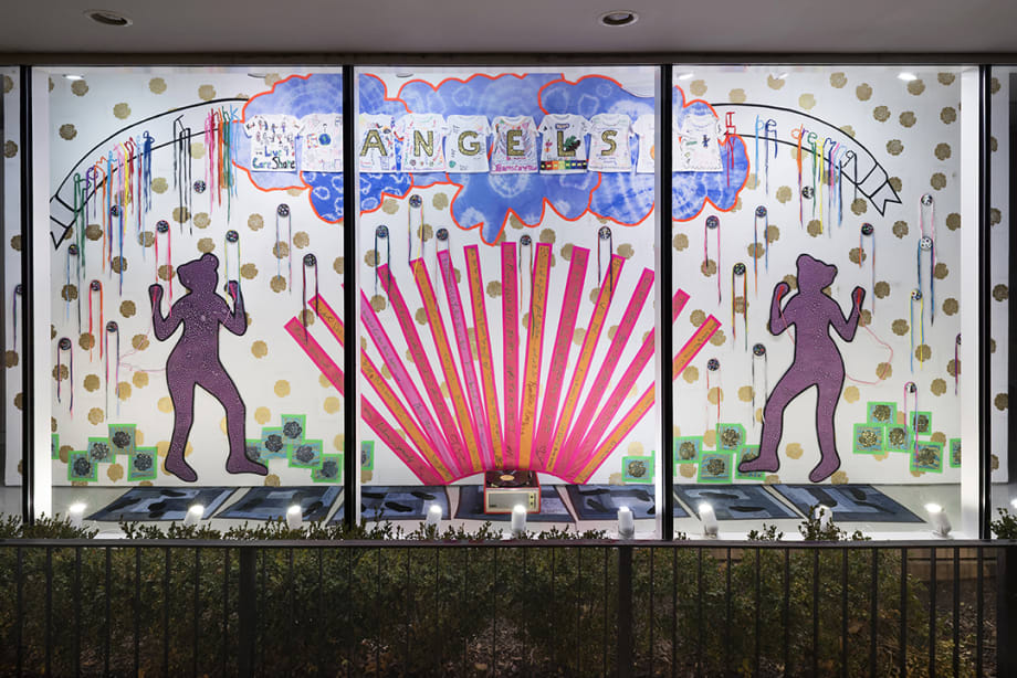 Cheryl Pope 'Sometimes I think I be dreamin', 2016 Batique-dyed fabric, felt, denim, children's T-shirts, shoelaces, mirror, adhesive, spray paint, glitter, fabric paint, tape, record player Overall: 10 x 25 x 3 feet