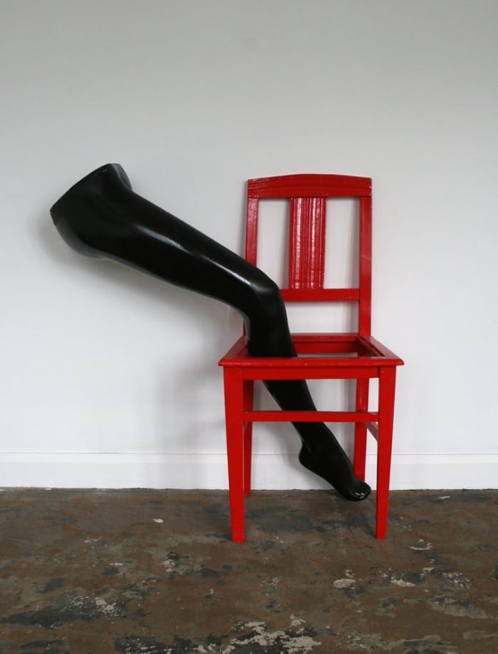 Hugo Canoilas Sit Down and Try Another Chair (to J.M.J.), 2008 Chair Frame, Mannequin Leg, Gloss Paint 85 x 85 x 40 cms 33.49 x 33.49 x 15.76 inches