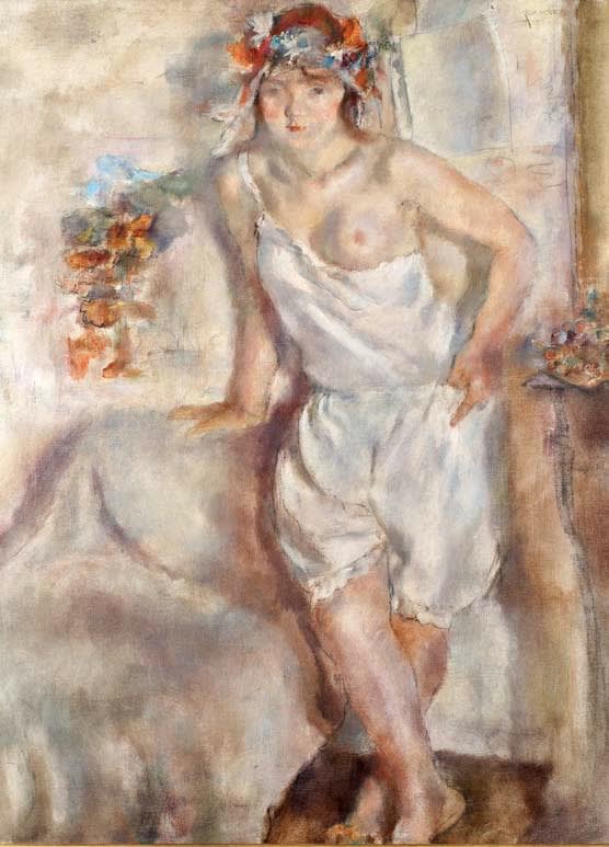Title: Genevieve with a Garland of Flowers Artist: Jules Pascin Work Date: 1929 Materials: Oil on canvas Size: 100 x 85 cm Additional information: Signed upper right Provenance: Private Collection, Paris Bibliography: "Pascin", Catalogue raisonné, Edition Abel Rambert, Paris, 1984, vol. I, p.326, n°659; "Pascin", Y. Goll, Editions G. Grès, Paris, 1929, n°5; "Pascin : Master of Line", Aktis Gallery, London, catalogue of the exhibition, n°37