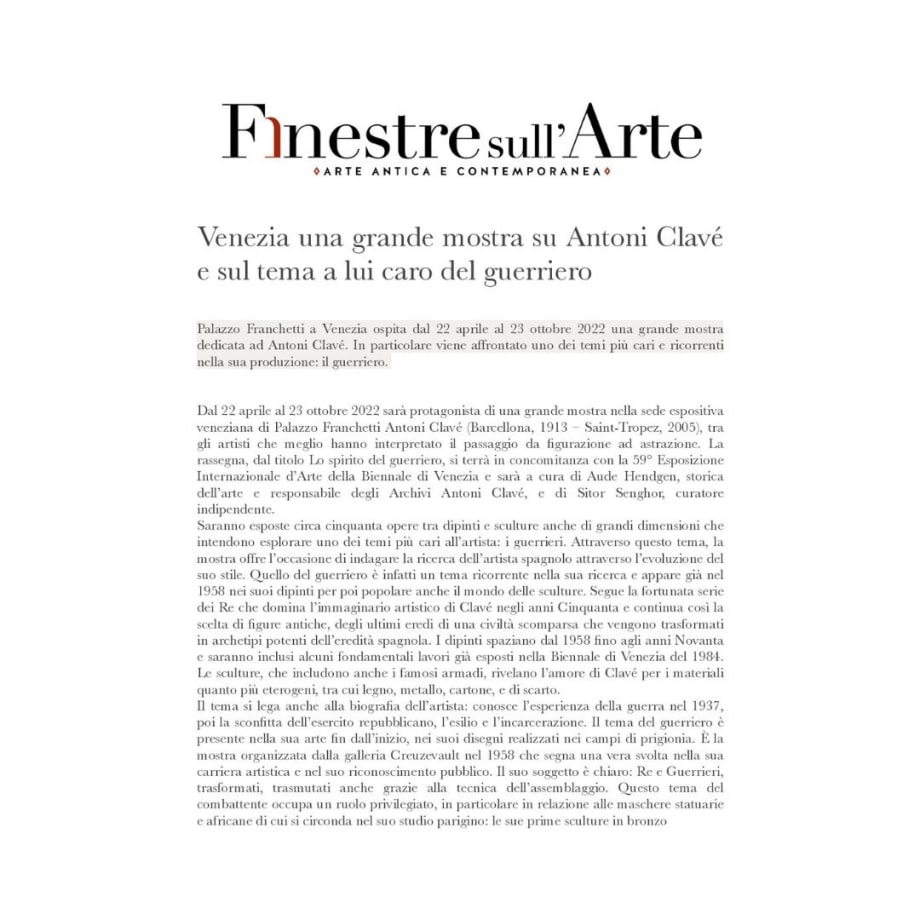 A great exhibition in Venice on Antoni Clavé and on the theme of the warrior dear to him