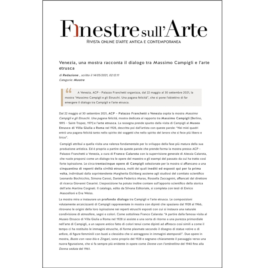 Venezia, una mostra racconta il dialogo tra Massimo Campigli e l'arte etrusca