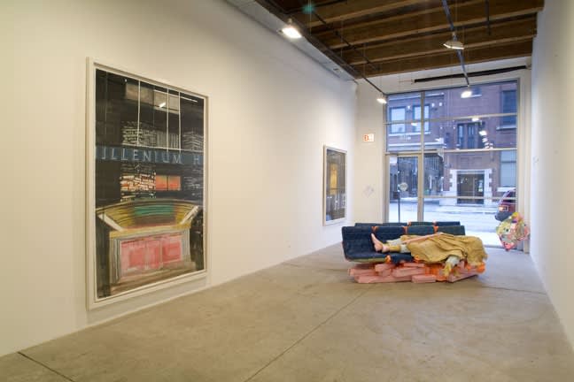 Left to right: Fendry Ekel, Century 21, Entrance, 2006, acrylic and gouache on paper, 101 x 68.3 inches framed; Century 21, The End, 2006, acrylic and gouache on paper, 73.5 x 53.6 inches framed. Folkert de Jong, Last Boogie Woogie (bench), 2007, Styrofoam, polyurethane foam, 33 x 112 x 115 inches overall; Last Boogie Woogie (model) 2007, polyurethane foam, 27.6 z 27.6 x 3.9 inches.