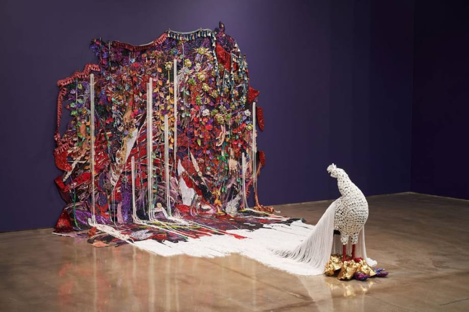 Ebony G. Patterson, 'when the land is in plumage...a peacock is in molting,' 2020, at the ICA in San Jose