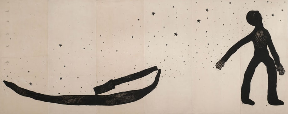 Sadik Alfraji, Take Your Boat and Abandon Your Home from Ali's Boat series, 2014, Indian Ink, Charcoal on Canvas, 270 x 678 cm