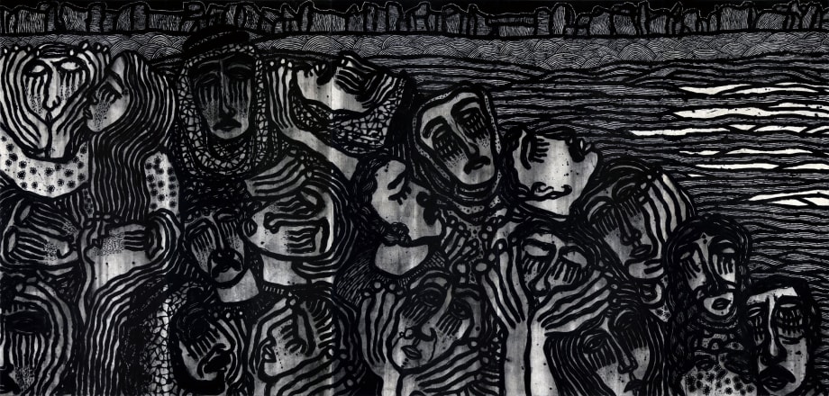 Sadik Kwaish Alfraji, Weeping of the South, 2019, Charcoal and ink on canvas, 270 x 565 cm