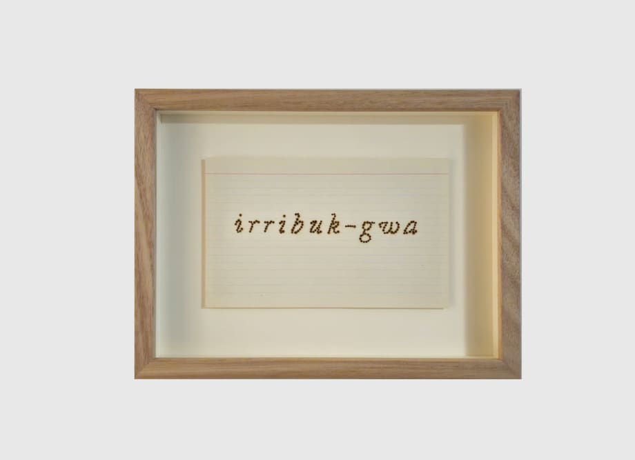 Image: Jenna Lee, Irribuk-gwa (lighter/match), 2024, vintage index card, fire, framed with UV-protective, anti-reflective museum glass.