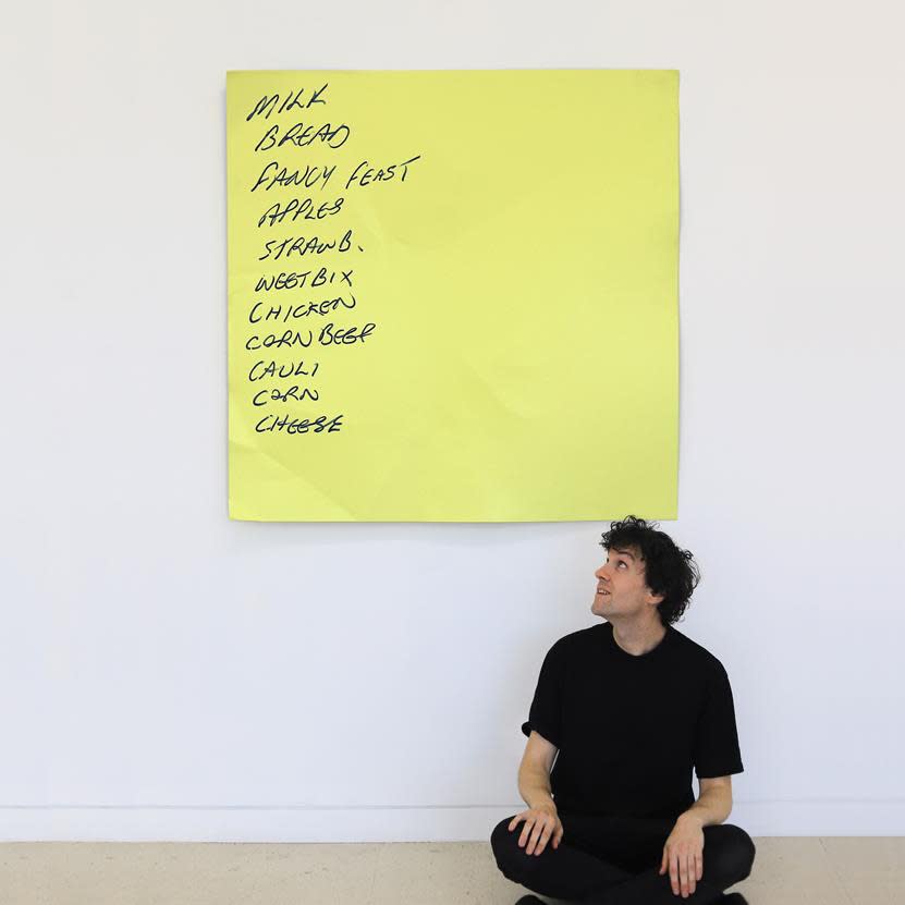 Image: Kenny Pittock, Discarded Shopping List (Fancy Feast), 2024, Enamel and synthetic polymer paint on aluminium, 120cm x 120cm. Photo by Emmy Clifton.