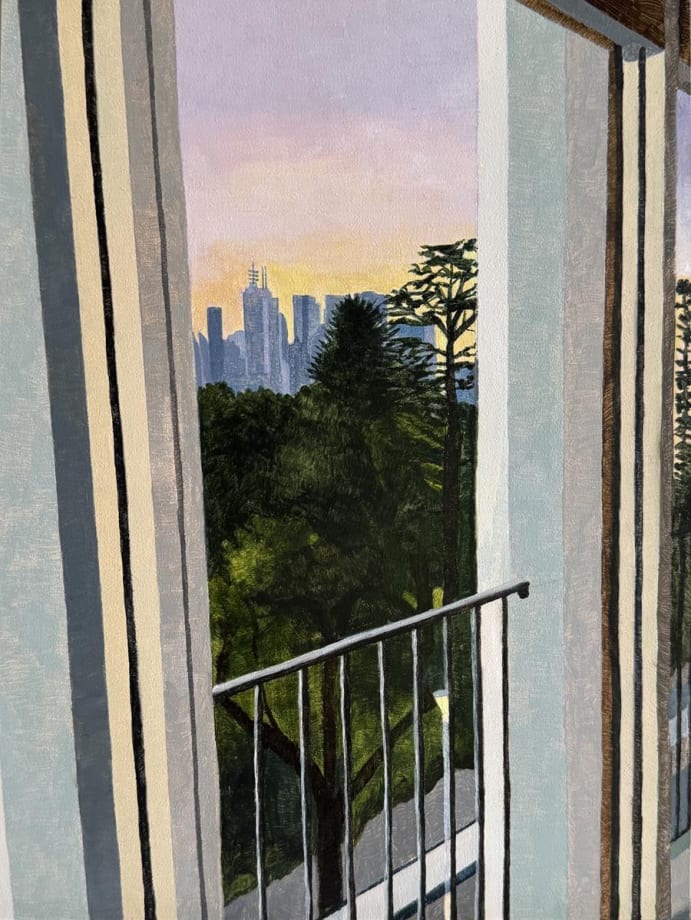 Image: Chantel de Latour, City skyline II, 2025, acrylic on board (framed), 20 x 15.5cm.