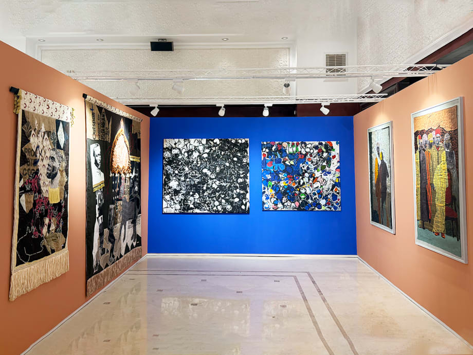 View of GALERIE FARAH FAKHRI's booth at 1-54 Marrakech art fair 2025 featuring works by Collin Sekajugo, Chada and Taher Jaoui