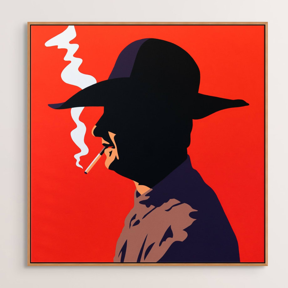 Jeremy Booth painting with silhouette of a man on a red background smoking a cigarette.