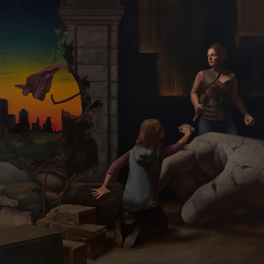 B.J. Parker realist painting with two figures amongst stone rubble and twilight gradient sunset