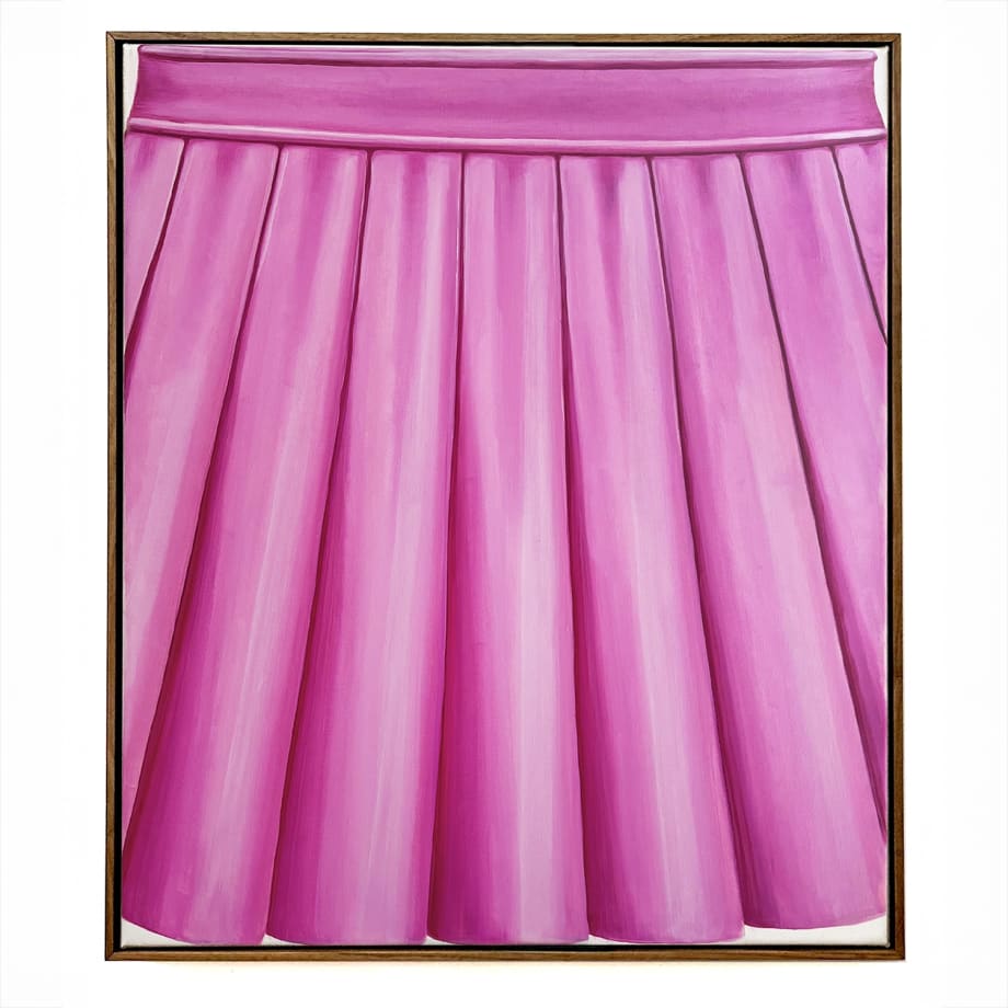 Hannah Knox painting of a pink pleated skirt in a brown wood frame