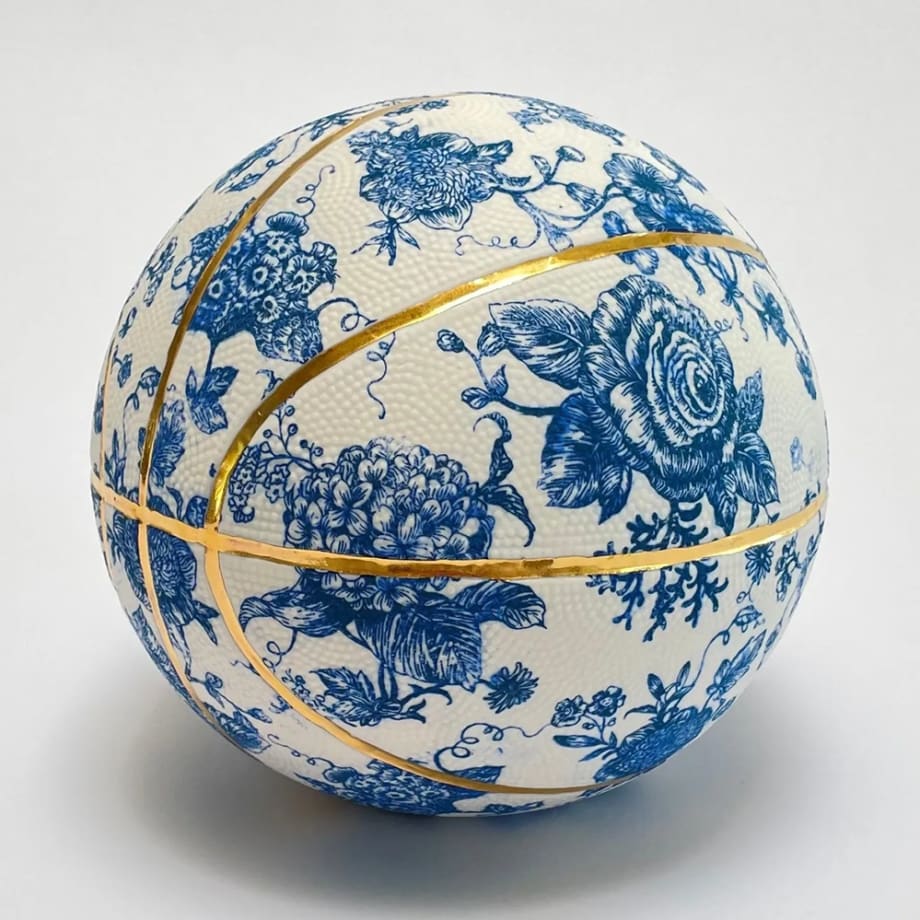 Brock DeBoer ceramic basketball with cobalt blue toile pattern