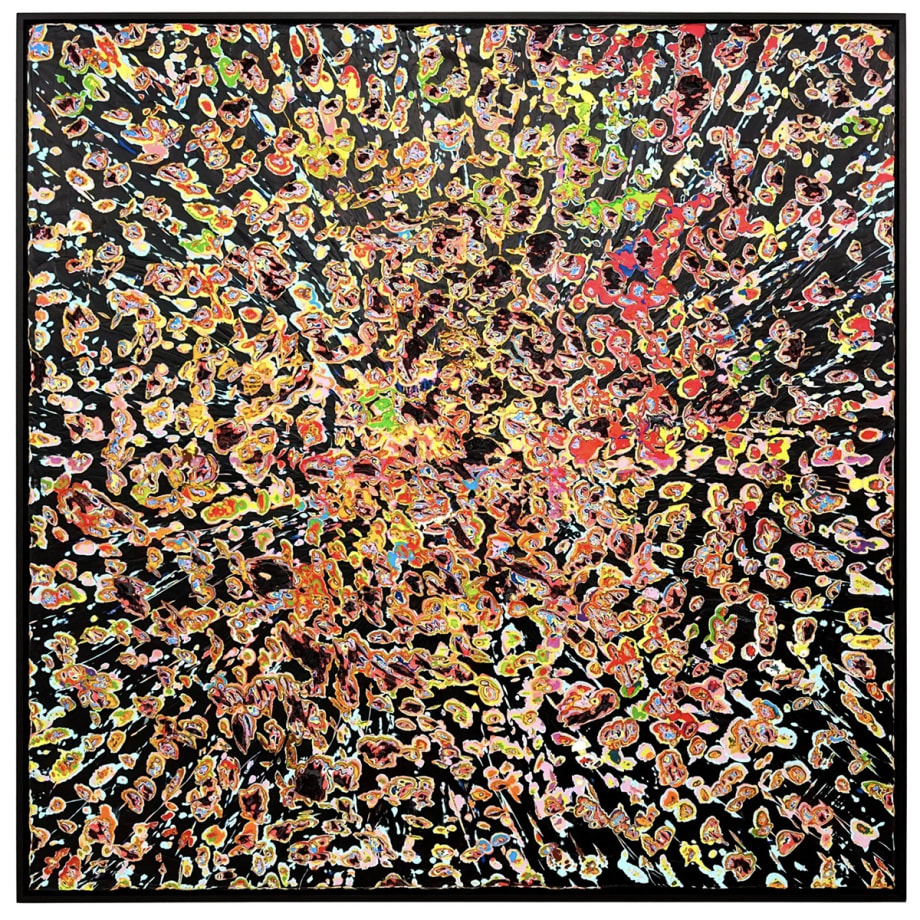 Jason Hallman excavated artwork with black background and multi colored excavated spots revealing yellows, blues, greens, and reds.