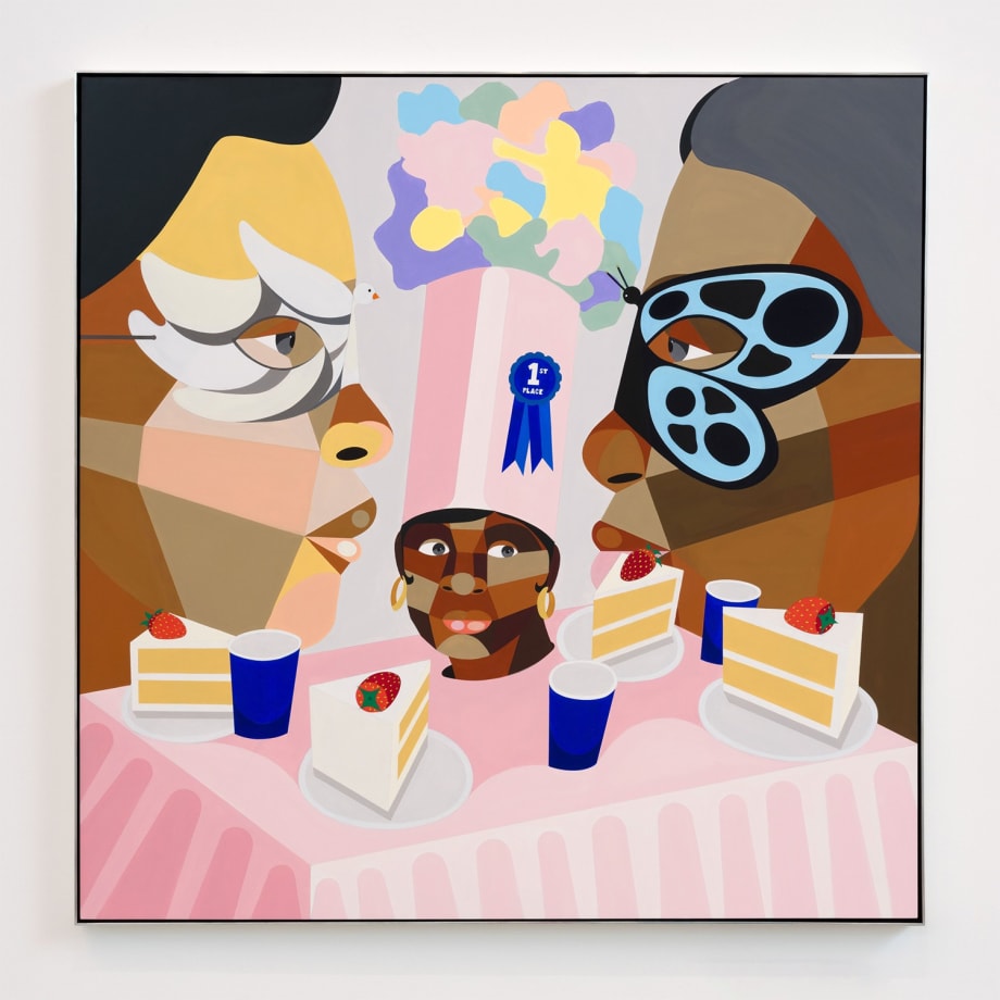 Derrick Adams painting featuring the profile view of two women with butterfly masks on. In between them in a table scene resembling a child's birthday party. The color palette throughout is muted pinks and peach