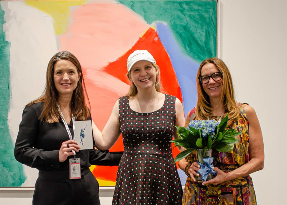 Martha Campbell (left) and Christine Berry (right), founders of the Berry Campbell Gallery, at the Armory Show in September with Hall Rockefeller (center), who launched a program that recognizes galleries with rosters that include at least 50 percent women artists. Behind them: Longnook IV by Ethel Schwabacher.