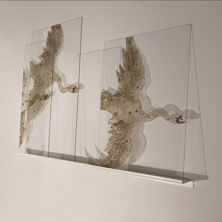 Elsa Salonen, "We Are All Made of Stardust (Cygnus)", 2017, stone and iron meteorite dust on glass, metal shelf, 100 x 150 cm. © Elsa Salonen © Le Clézio Gallery
